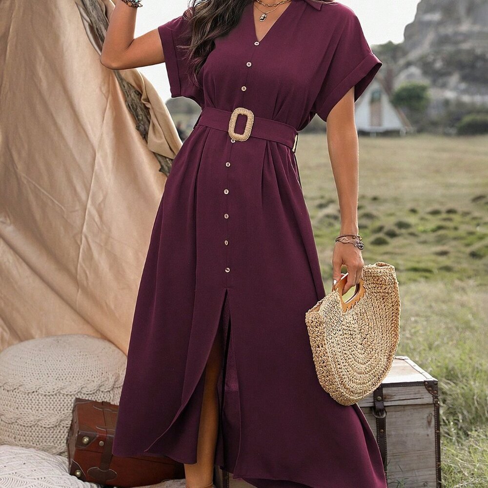 Red Violet Casual Women's Belted Short Sleeve Button Down Maxi Dress - Picture 6 of 7